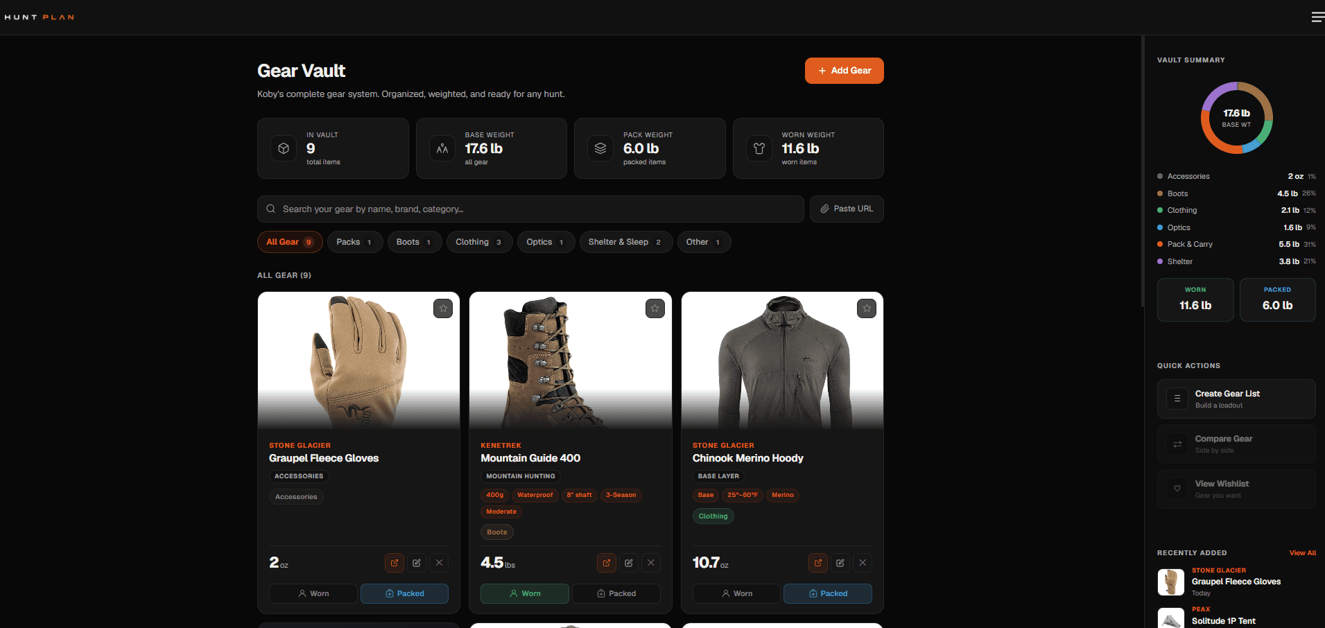 The gear vault listing owned items with weights and a category breakdown