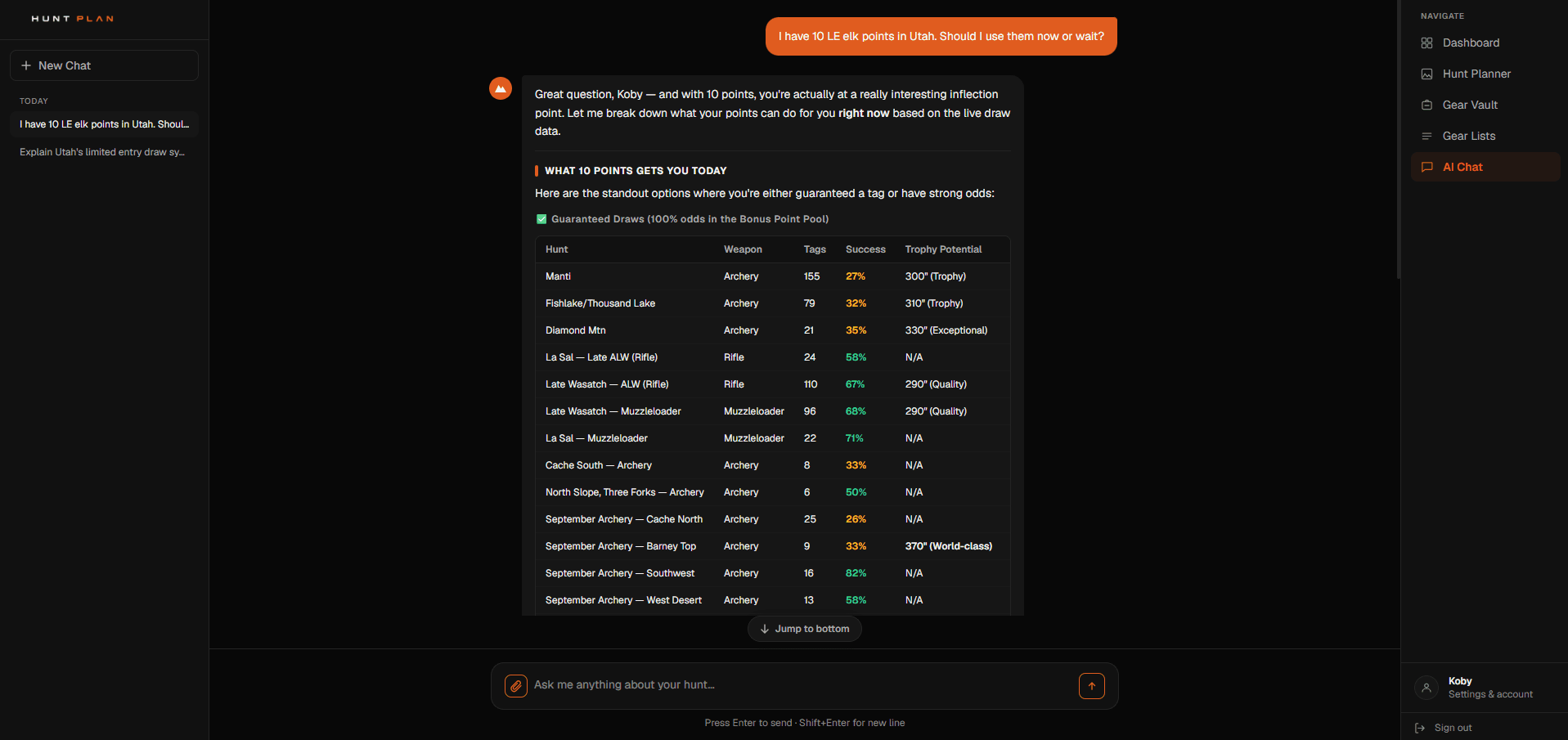 The AI advisor answering a question about draw odds for a specific unit