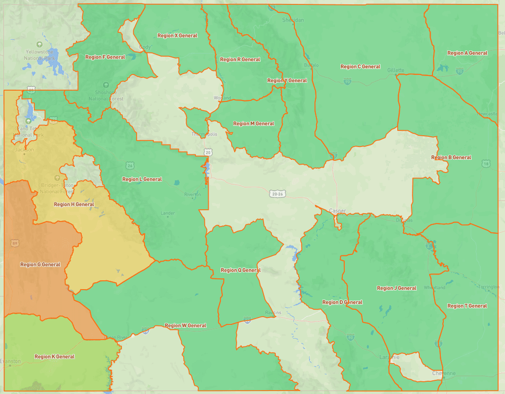 Map of Wyoming's general deer regions, each labeled with its letter