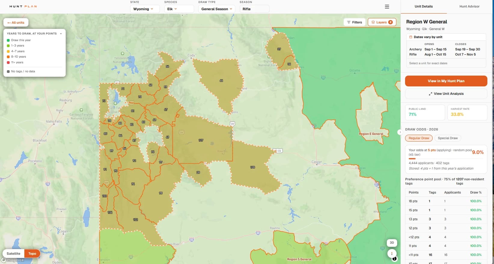 Hunt Plan map of Wyoming hunt areas shaded by years to draw, with the selected region's preference point odds in the side panel