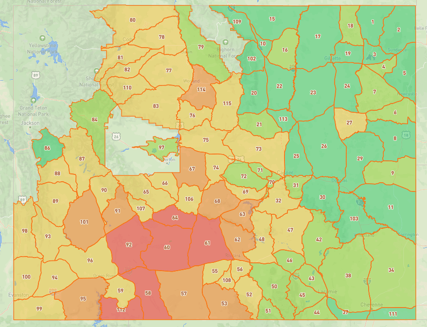 Map of Wyoming's pronghorn hunt areas shaded by years to draw, with hunt area 73 north of Casper