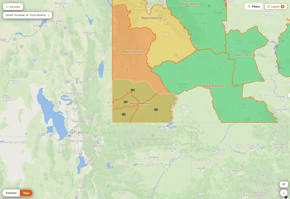 Map of the numbered hunt areas that make up Region K: 132, 133, 134 and 168