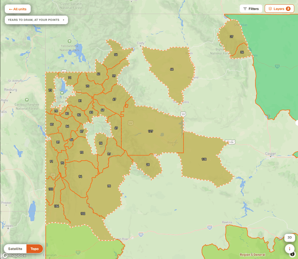 Map of the numbered hunt areas that make up Region W