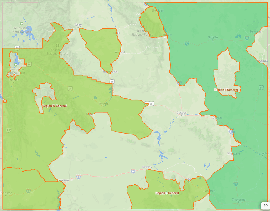 Map of Wyoming showing Region E, Region S and Region W general elk regions