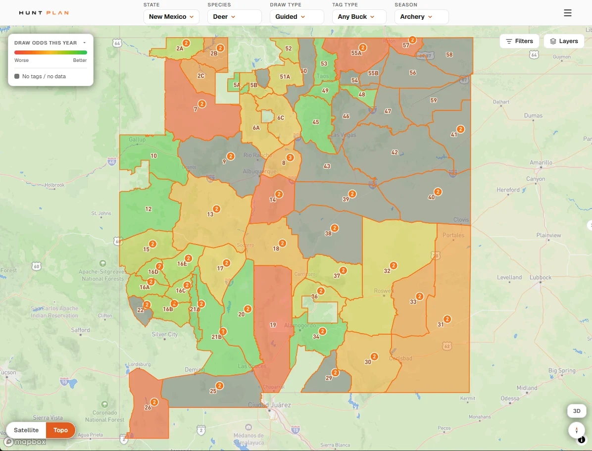 Hunt Plan map of New Mexico's archery any-buck deer hunts for the outfitter-guided pool, shaded from red to green by this year's draw odds, with grey units that have no tags
