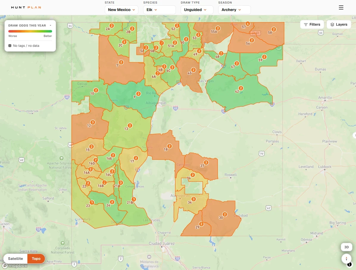 Hunt Plan map of New Mexico's archery elk hunts for the unguided nonresident pool, shaded from red to green by this year's draw odds