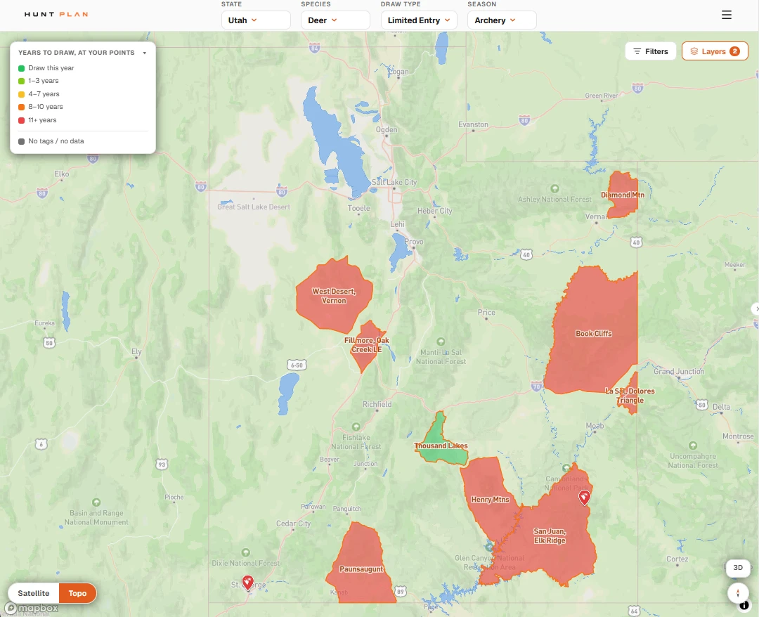 Hunt Plan map of Utah's limited-entry archery buck deer units, mostly shaded red for the hardest-to-draw category