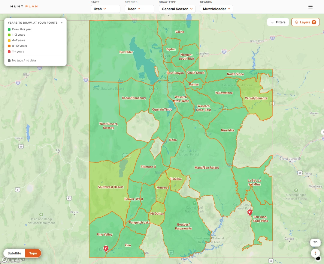 Hunt Plan map of Utah's general-season muzzleloader buck deer units, shaded from green to red by how hard each has been to draw at your points