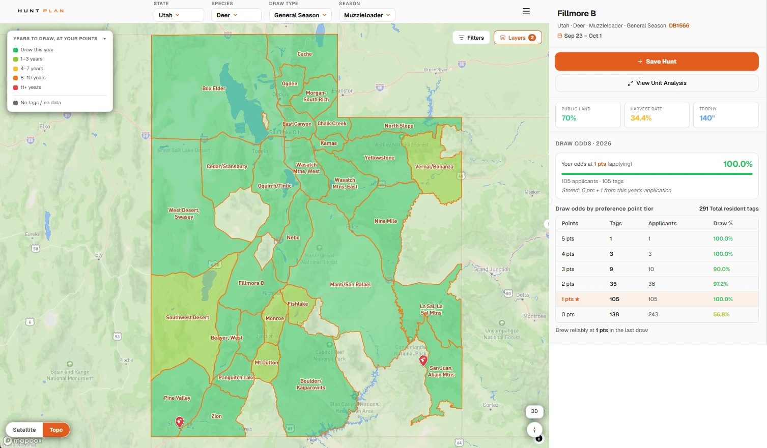 Hunt Plan map of Utah's general-season muzzleloader deer units shaded by draw difficulty, with the Fillmore B hunt's odds by point level in the side panel