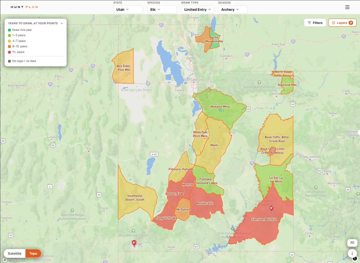 Hunt Plan map of Utah's limited-entry archery elk units, shaded from green to red by how hard each has been to draw at your points