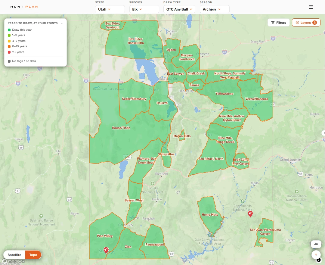 Hunt Plan map of Utah's over-the-counter any-bull archery elk units, all shaded green because no draw is needed