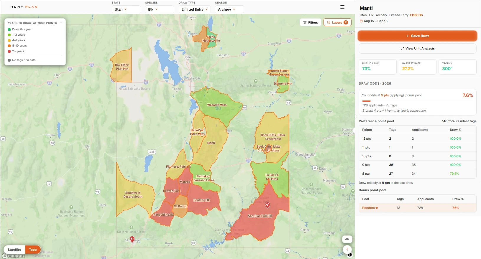 Hunt Plan map of Utah's limited-entry archery elk units shaded by draw difficulty, with the Manti hunt's odds by point level in the side panel