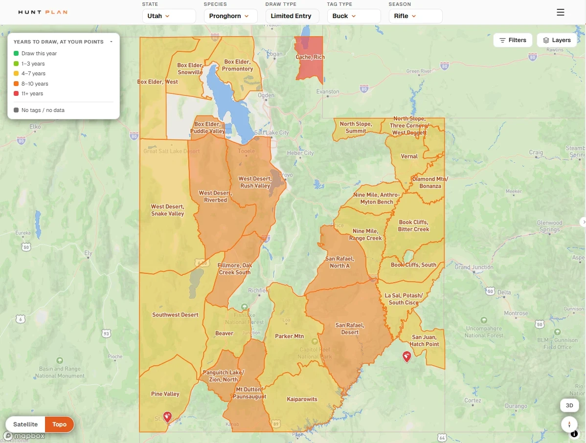 Hunt Plan map of Utah's limited-entry rifle buck pronghorn units shaded by draw difficulty, mostly yellow and orange, with West Desert, Riverbed in orange